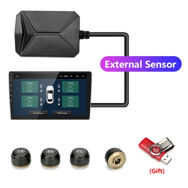 Srnubi Android TPMS für Autoradio, DVD-Player, Reifendruck, Alarmüberwachungssystem, Ersatzreifen, interner externer Sensor, USB-TMPS