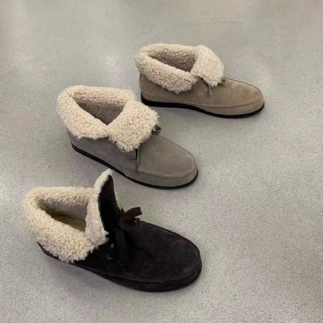 

Women's Suede Ankle Boots Faux Fur Lining & Tie Detail Cozy Low-Heel Design for Warm Casual Winter Daily or Indoor Fashion Looks