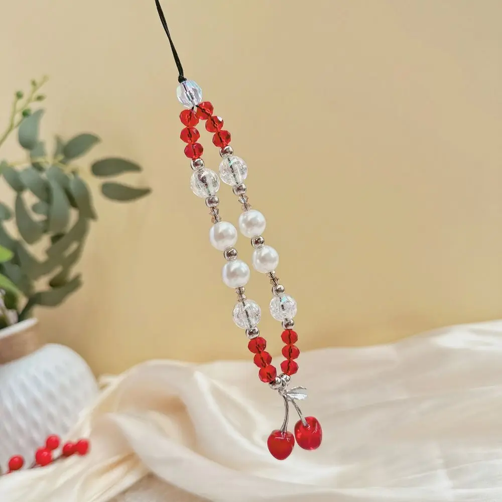 Kawaii black cherry Mobile phone chain Anti-lost Lanyard Key Short Wrist Rope Red Jewelry Keychain Women Hand-held Chain