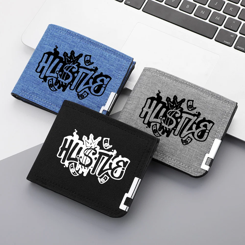 Men's Canvas Wallet Hip Hop Hustle Graffiti Print Bifold Short Purse Casual Street Style Money Clip Card Holder for Students