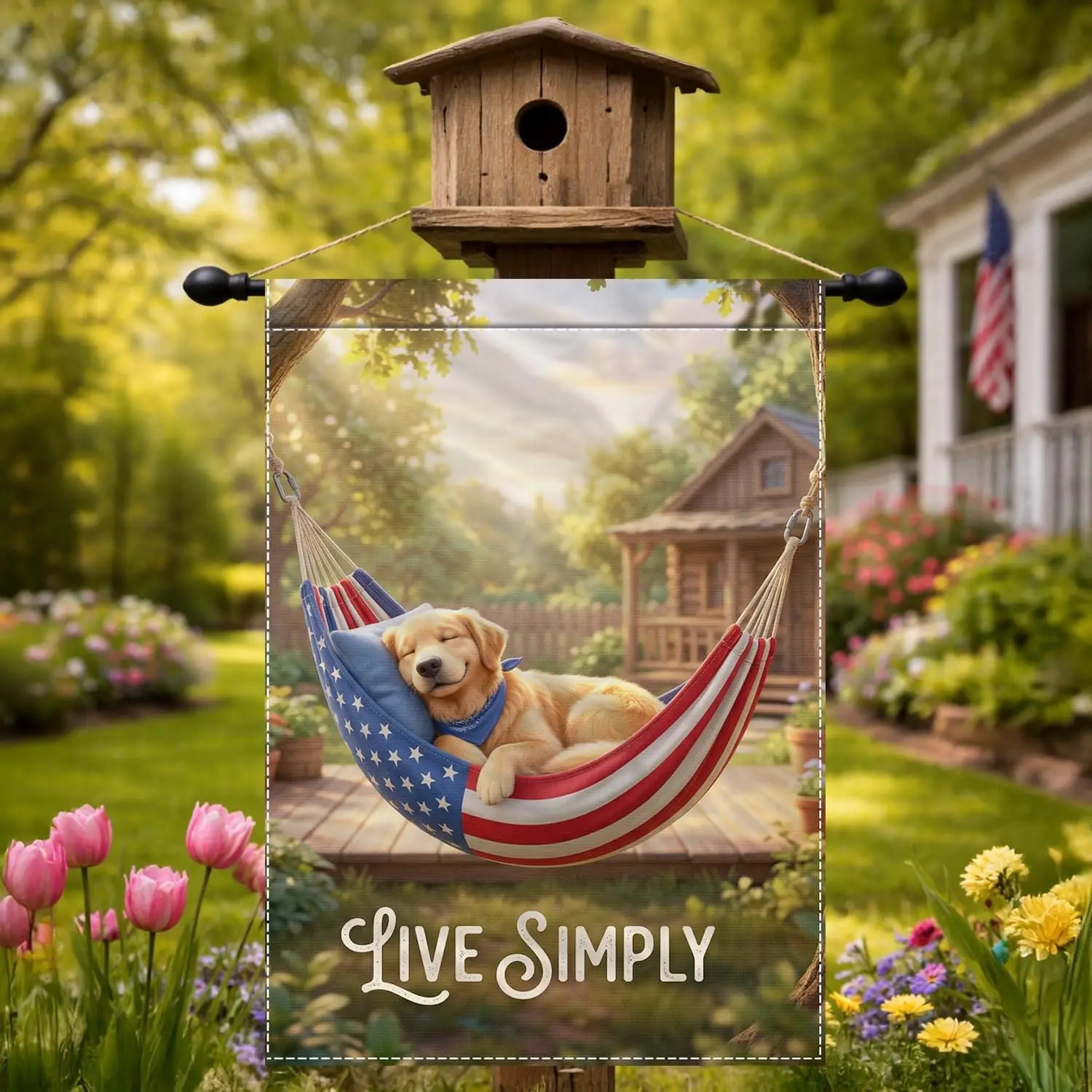 Golden Retriever Hammock Garden Flag 12x18 Inch Double Sided Live Simply Patriotic Dog Welcome Yard Flag 4th of July Indepen kkz
