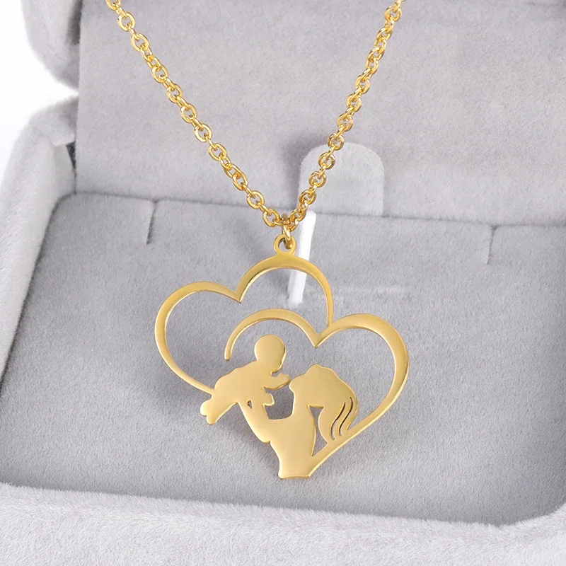 Mom Baby Heart Necklace Women Lady Jewelry Stainless Steel Gold Color Kiss and Hug Pendant Necklace Mother\'s Day Gifts