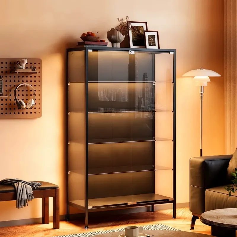 Steel Bookcase with Lock 3-Sided Glass Display Cabinet for Figures Toys Storage Transparent Showcase Shelf