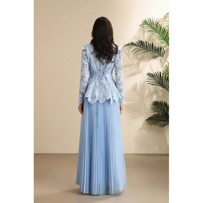 Greenora Women Autumn Two Piece Outfit 3D Floral Applique Long Sleeve Lace Peplum Top A-Line Pleated Maxi Skirt Ladies Occasion