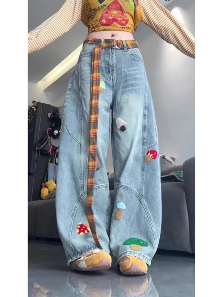 

Retro American Towel Embroidery Knife Jeans Women's Autumn Winter Loose Straight Leg Floor-Length Pants