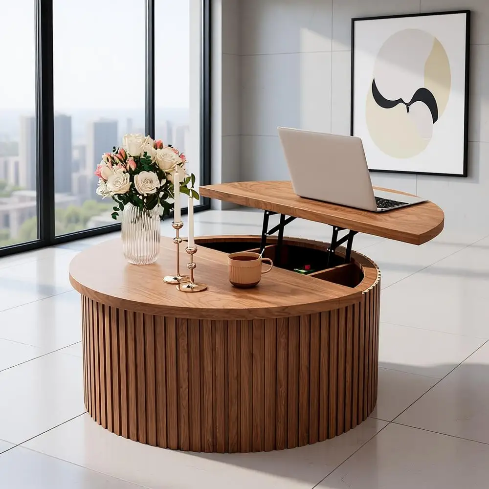 

Круглый журнальный столик с подъемной столешницей из орехового дерева и скрытым хранилищем, диаметр 31,6 для гостиной