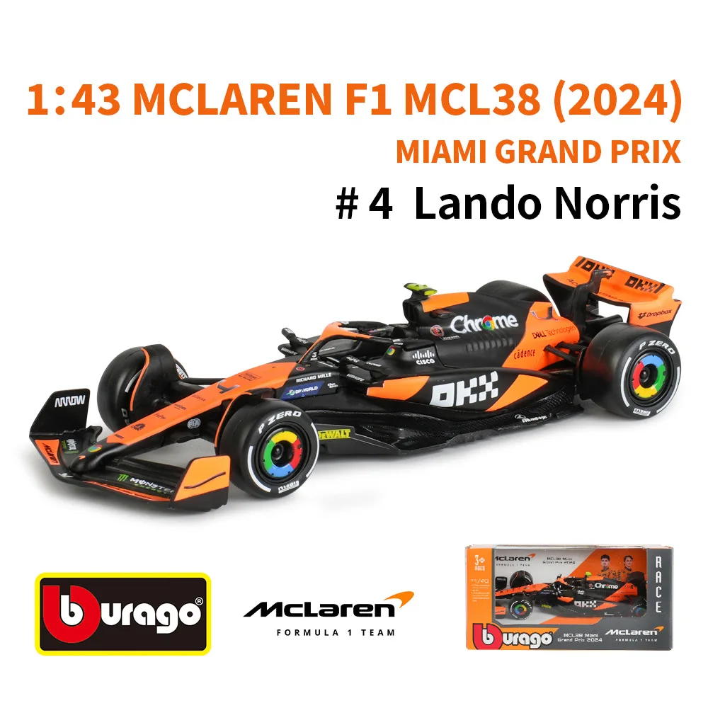 

Bburago 1:43 MCL38 F1 Mclaren 2024 Miami Grand Prix Alloy Car Miniature Die-Casting Model #4 Lando Norris #81 Toy Oscar Piastri
