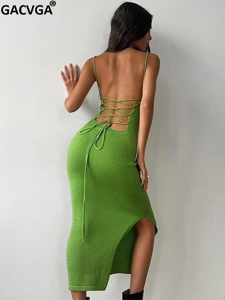 GACVGA Sexy Backless Bandage Knitted Dress Elegant Outfits for Women Sleeveless Birthday Club Party Bodycon Long Dresses