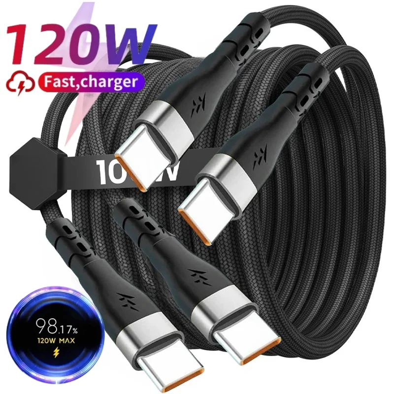 Dual Tipo C para Cabo USB C, Cabo de carregamento rápido, Cabo carregador para Macbook, Xiaomi, Samsung, iPhone 15 Pro Max, Plus, 120W, 6A PD