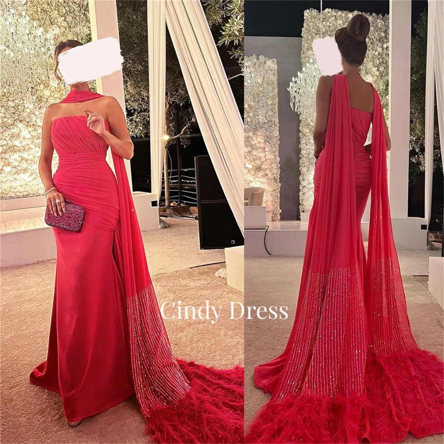 Cindy Shiny Red Feather Shawl Luxurious Elegant Party Dresses 2024 for Wedding Official Store Robe De Soiree Femmes