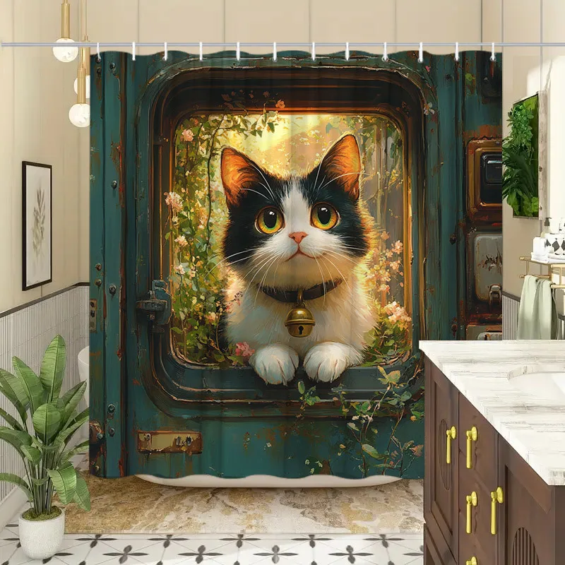 แมวที่มีเสน่ห์ในม่านอาบน้ํากันน้ําประตูวินเทจ - ดีไซน์ลายดอกไม้แสนสบาย ทําความสะอาดง่าย ผ้าทนทานสําหรับการตกแต่งห้องน้ํา