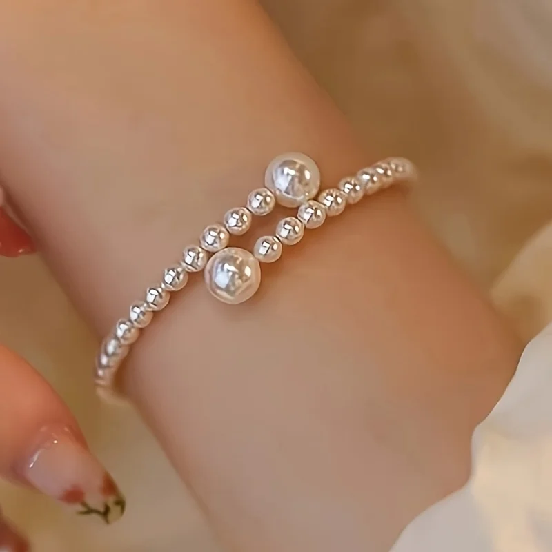 1pc Elegant Adjustable Imitation Pearl Beaded Bracelet, Women'S Geometric Design Exquisite Fashion Accessory for Daily Use