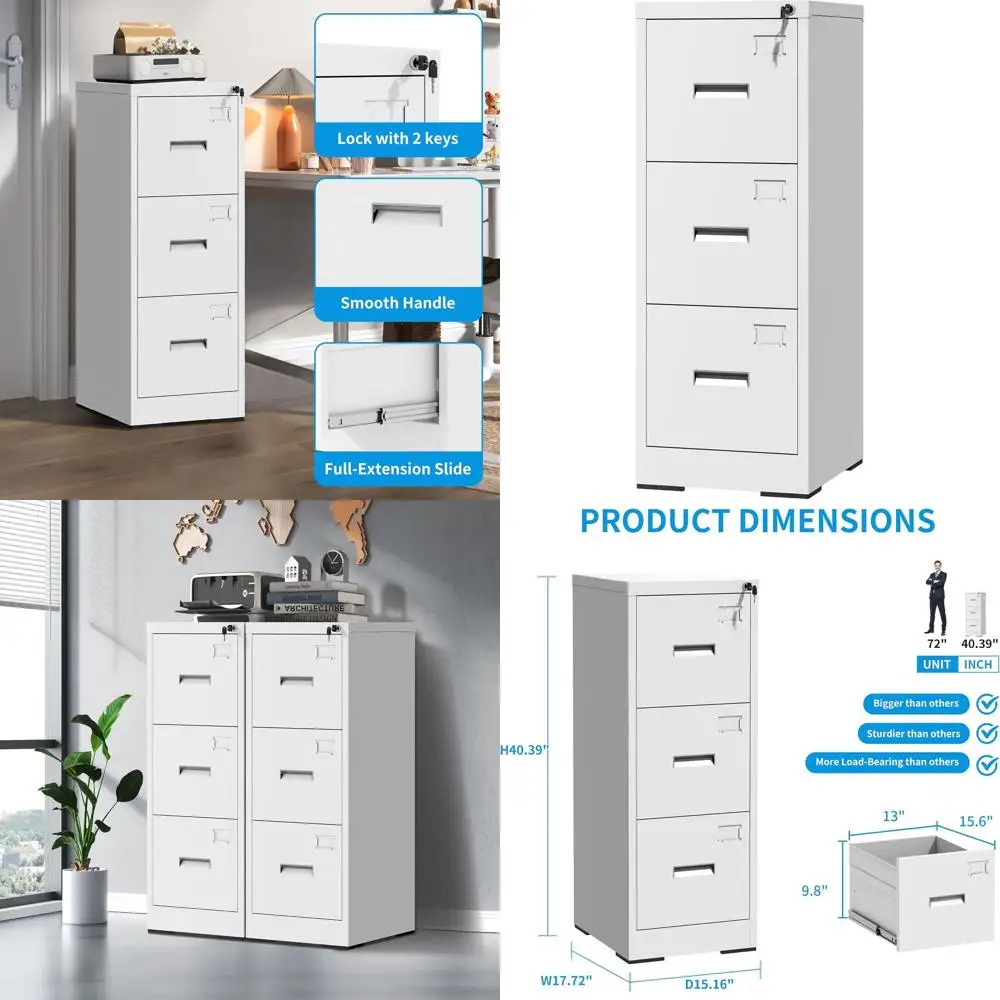 White Vertical Steel File Cabinet with Lock, Card Slot, and Hanging Legal/Letter Size Files for Home Office