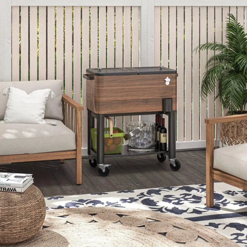 60 Quart Rolling Cooler Cart with Bottle Opener for Outdoor Parties Backyard Deck Poolside Indoor Use
