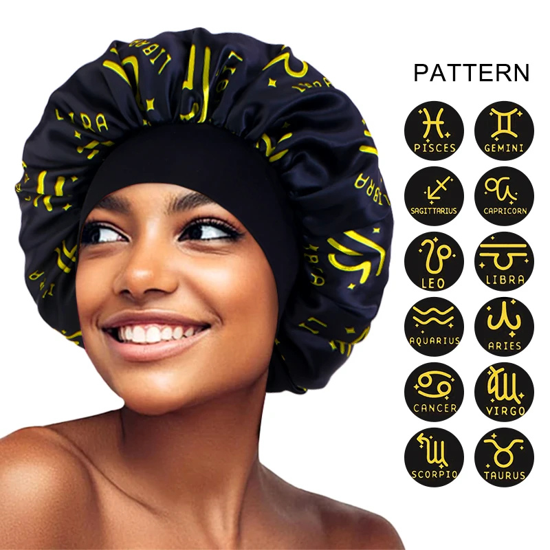 Constellation Print Satin Bonnet Sleeping Cap Elastic Zodiac Sign Nightcap Hair Care Turban Washing Face Skin-caring Make-up Hat