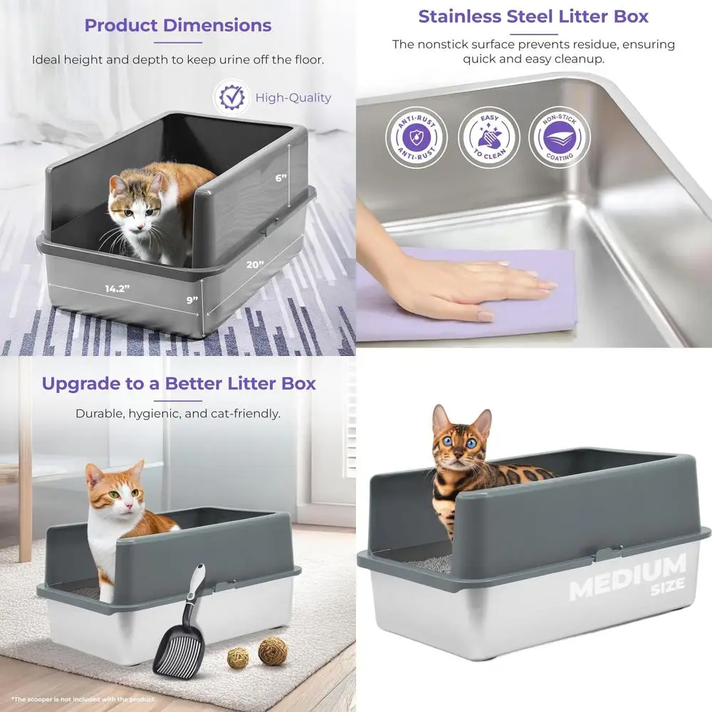 

Кошачий лоток из нержавеющей стали среднего размера - с высокими бортиками, легко чистится, с совком и защитой от рассыпания наполнителя