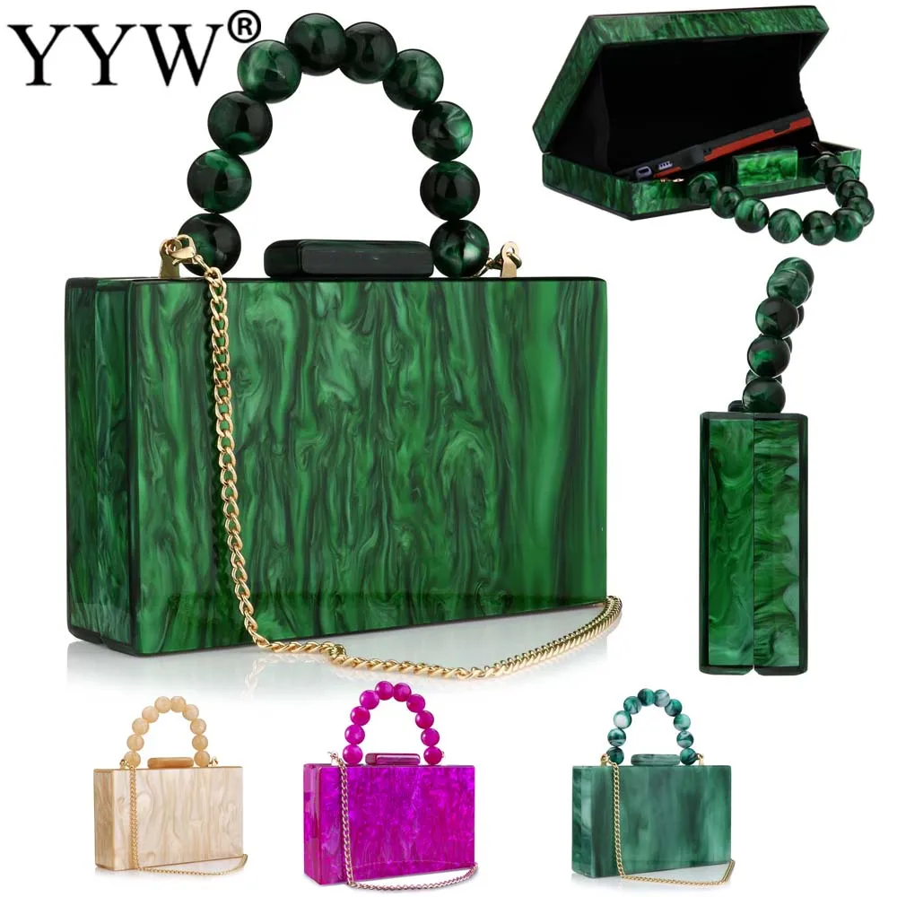 

Women Beading Handbag Marble Acrylic Luxury Box Clutch Evening Bags Wedding Party Chain Shoulder Bags Ladies Dinner Dress Purses
