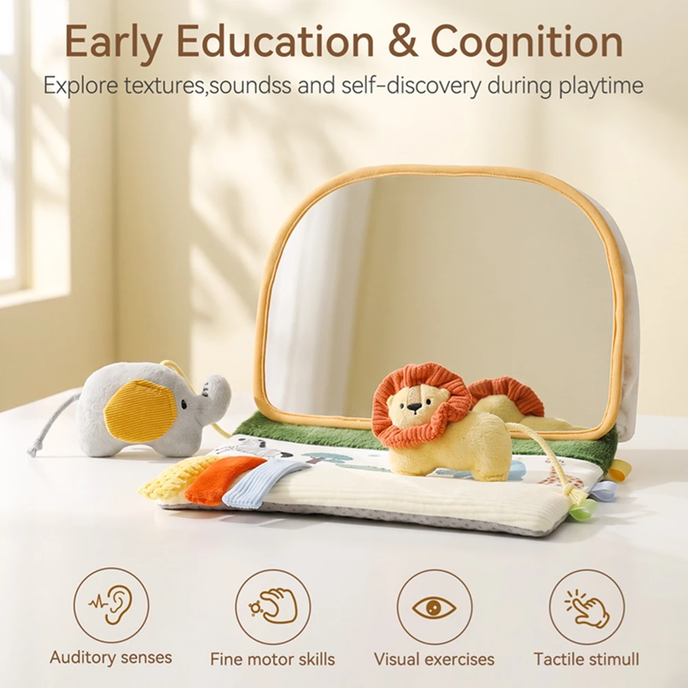 Foldable Baby Tummy Time Mirror Lion Soft Fabric Activity Mirror Safe Unbreakable Mirror Infant Sensory Soothing Training Toy