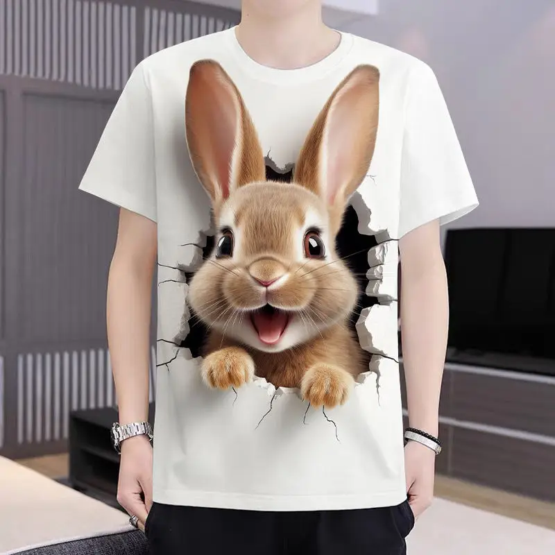 

3D Printed Cute Animal Graphic T-Shirts For Men Women Rabbit Cat Pattern Creative Design Short Sleeve Tees Loose Round Neck Tops