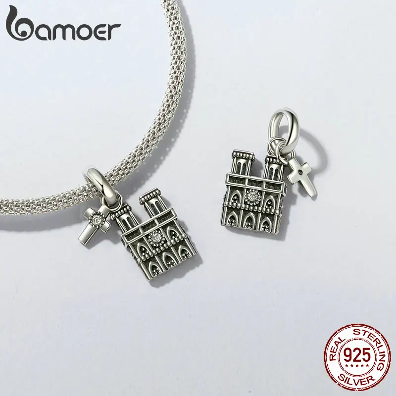 Bamoer Original 925 Sterling Silver Notre Dame de Paris Christ Redeemer CZ Pendant Charm DIY For Women Party Gift Fine Jewelry