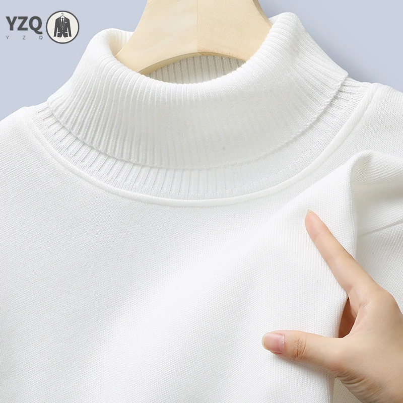 Casual Turtleneck Knit Sweater For Male Thickened Fleece Lining Thermal Base Shirt Elastic Cuff Long Sleeve Outfit
