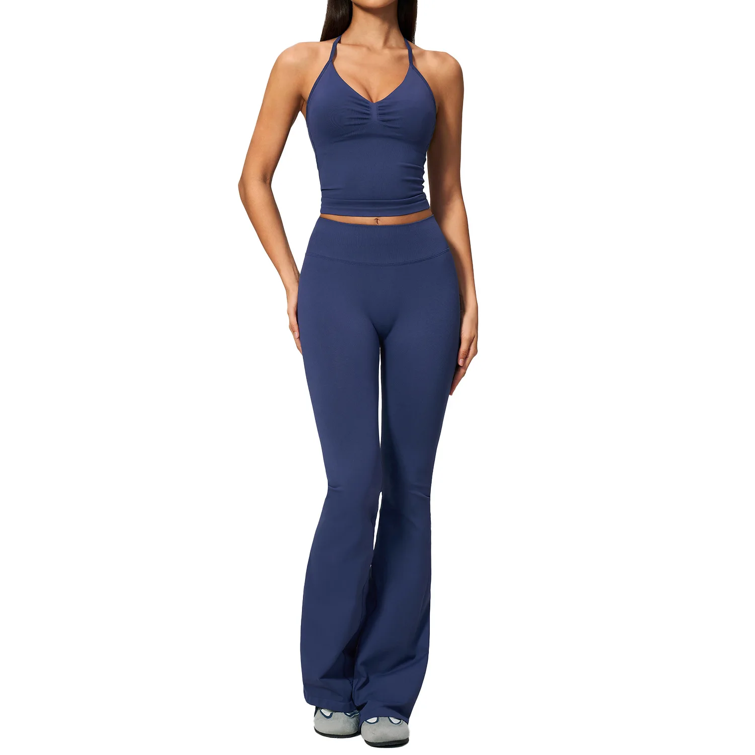 Women 2 Piece Yoga Outfit Halter Neck Sports Bra High Waist Flare Leggings Set Seamless Stretch Workout Gym Tracksuit Activewear