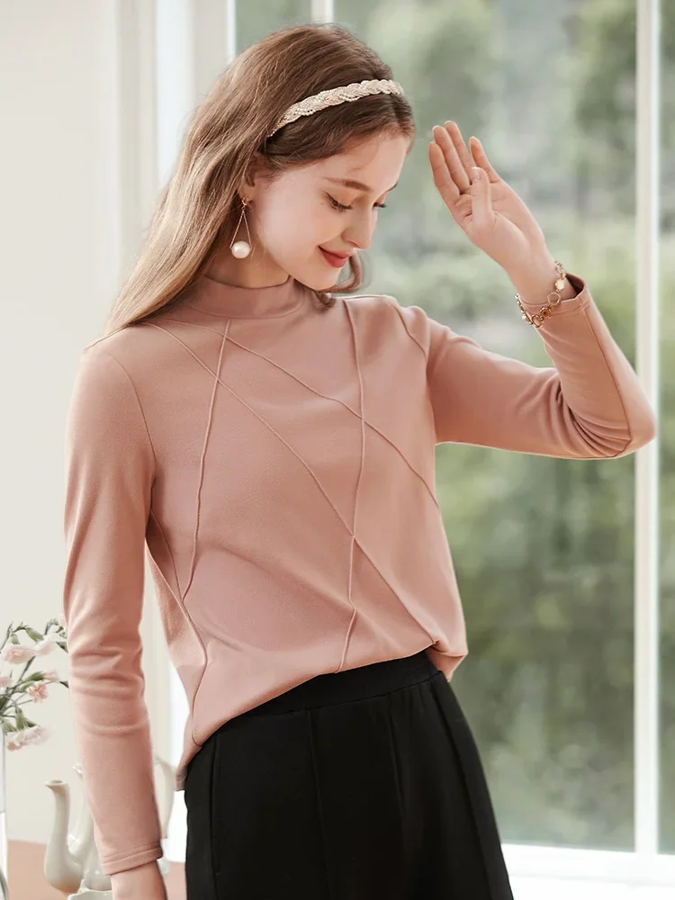 I BELIEVE YOU Long Sleeve T-shirts For Women Stand Collar Plus Velvet Warm Inside 2023 Winter New Stretch Slim Tops 2234235362