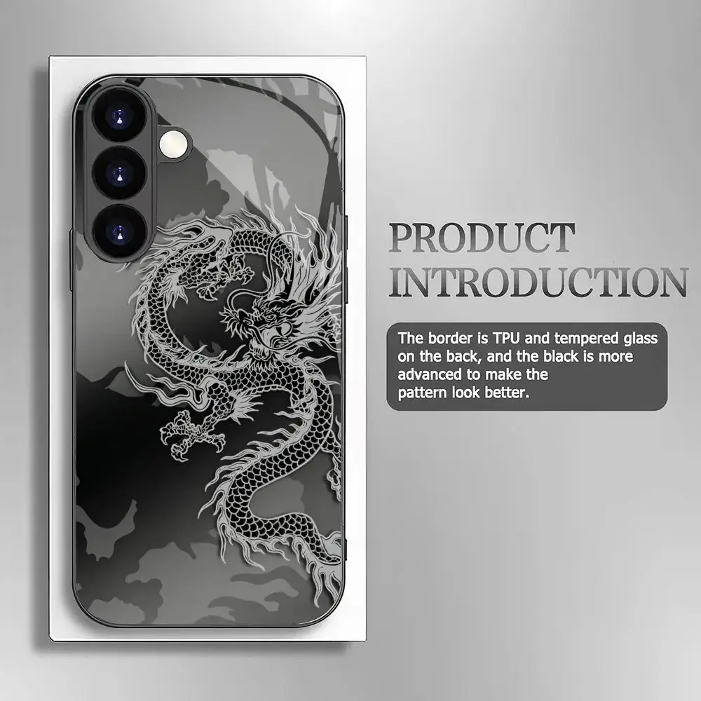 Dragon design tempered glass phone case suitable for Samsung Galaxy S26 S25 S24 S23 S22 S20 FE/Ultra/Plus anti drop back cover