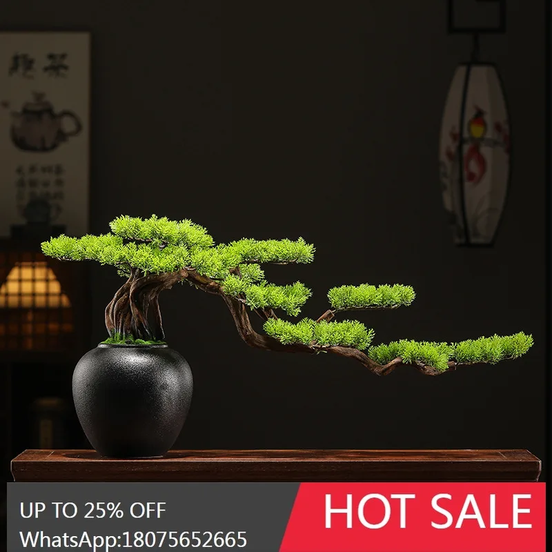HLZ New Chinese Style Artificial Green Plant Welcoming Pine Bonsai Hotel Desktop Entrance Decoration Landscape Ornament