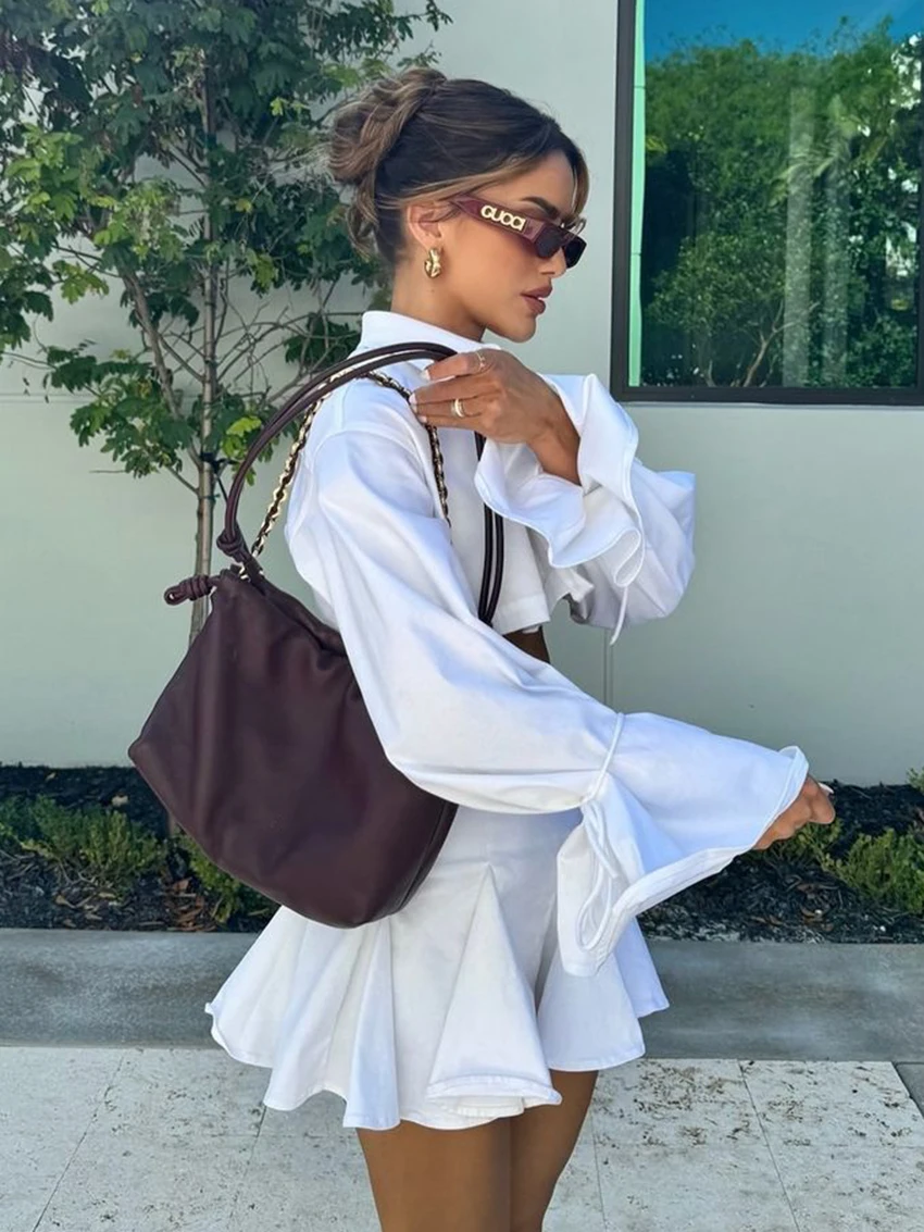 Marthaiqiq White Female Pajamas Set Long Sleeve Nightie Crop Top Sleepwear Turn-Down Collar Pyjamas Skirts Casual Nightwear Suit
