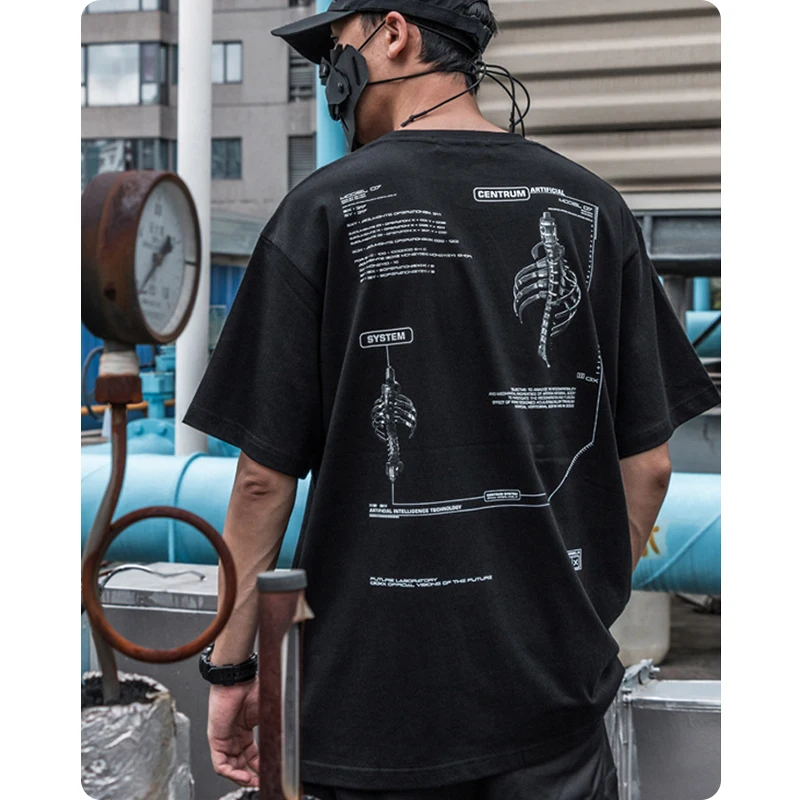 Unisex HipHop Skeleton Print T-Shirt Men\'s Clothes Japanese Loose Short Sleeve 2022 Streetwear Cotton Harajuku Black Oversize