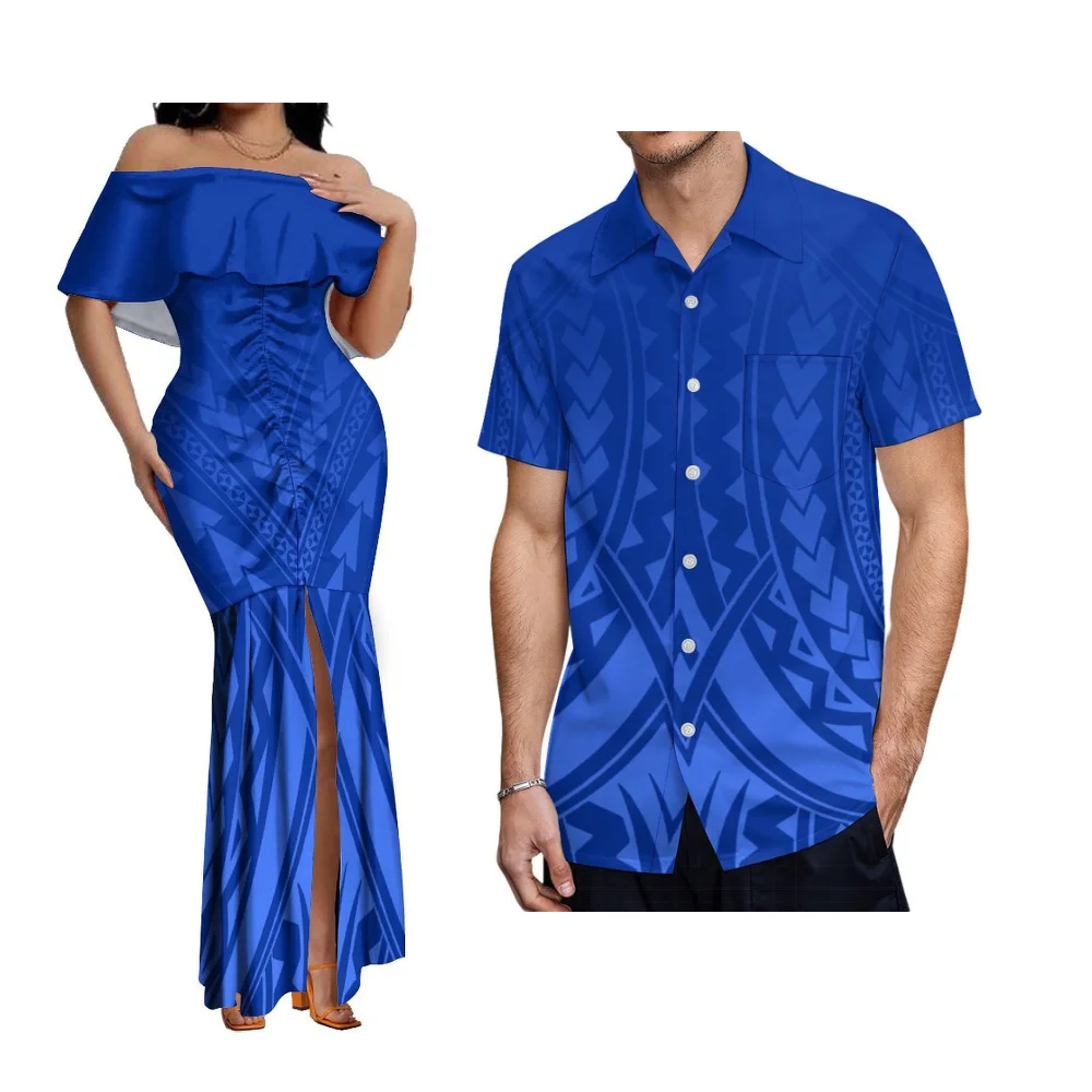 الصيف جزيرة نمط زوجين دعوى كوكتيل حفلة أنيقة المرأة واحدة الكتف ذيل السمكة فستان جزيرة البولينيزية ساموا وقميص رجالي