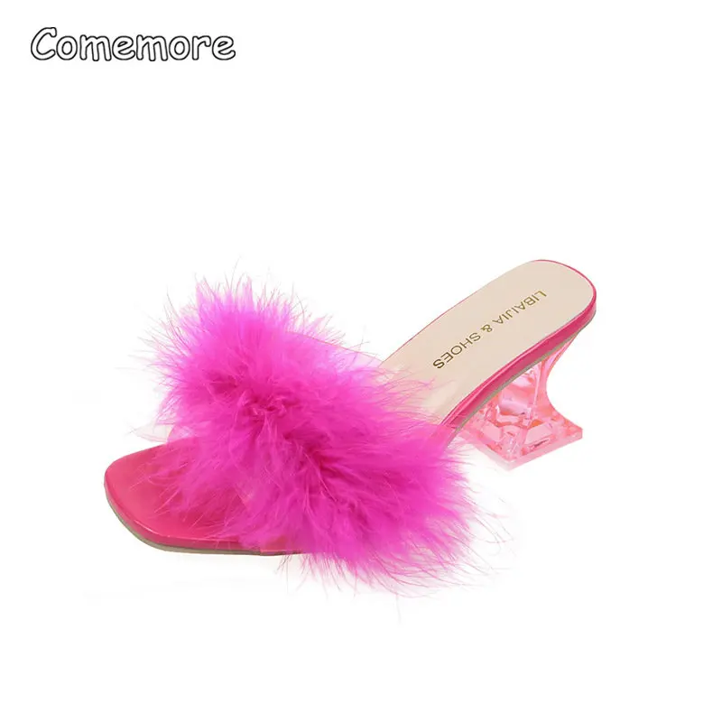 Comemore Women Slippers Summer Fashion Stiletto Sandals Open Toe High Heel 2023 Fur Heels for Woman Pink Shoes Sapatos Femininos