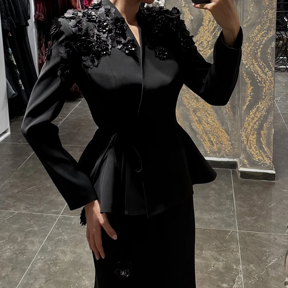 ชุดราตรีทรงเอไลน์แบบสั่งตัด ความยาวระดับข้อเท้า คอวี แขนยาว ชุดออกงาน แฟชั่นลายดอกไม้ เรียบง่าย ผ้าพลิ้ว ชุดลำลองสำหรับงานปาร์ตี้