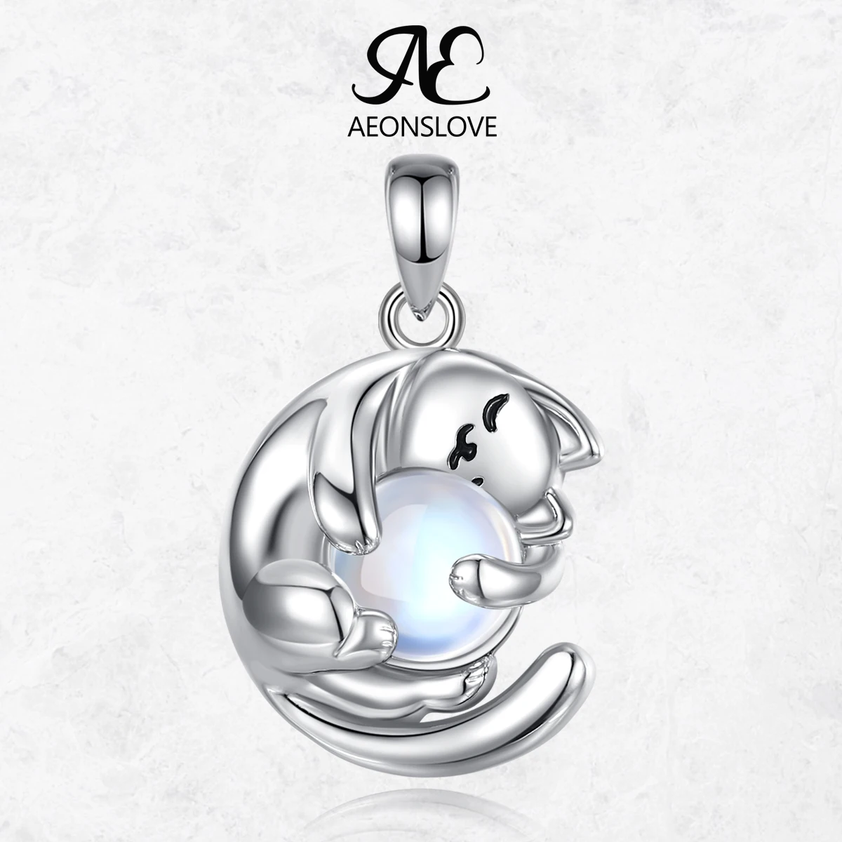 AEONSLOVE Cute Cat Moonstone Necklace Kitten Hugging Moon Animal Pendant Wicca Pagan Jewelry Birthday Party Gift for Women Girls