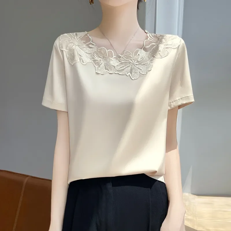 

Elegant Beige Lace Trimmed O Neck Short Sleeve T Shirt for Women Regular Fit Summer Office Wear Soft Smooth Fabric