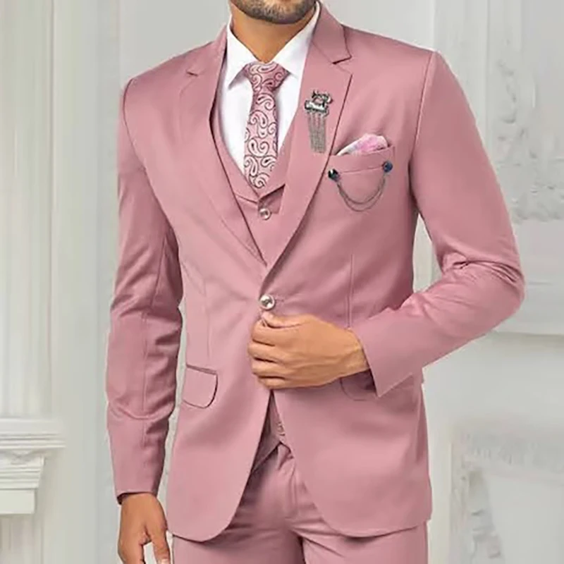 Dusty Pink Blazer Men Suits Flat Regular Length Single Breasted Notched Lapel Elegant Full Set Skinny 3 Piece Jacket Pants Vest