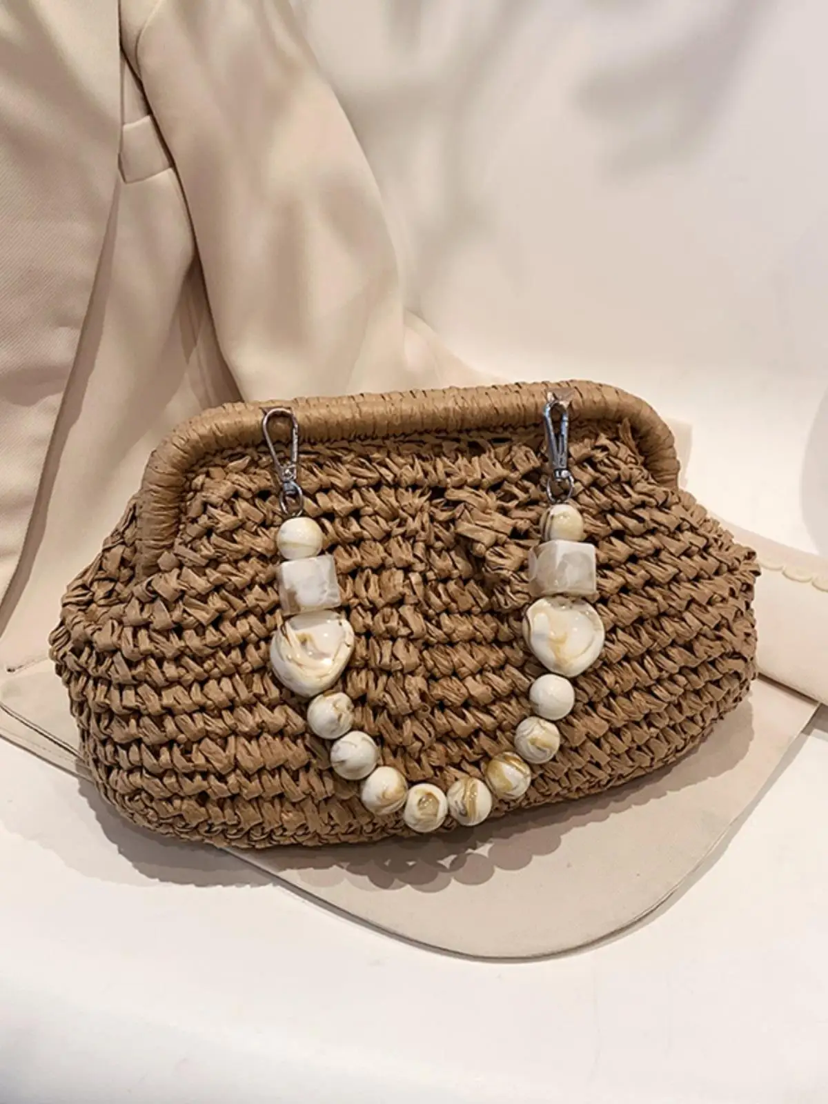 2023 Summer New Fashion Straw Woven Bag Stone Beaded Handbag Leisure Woven Hollow Out Women\'s Bag Beach Vacation Bag For Women