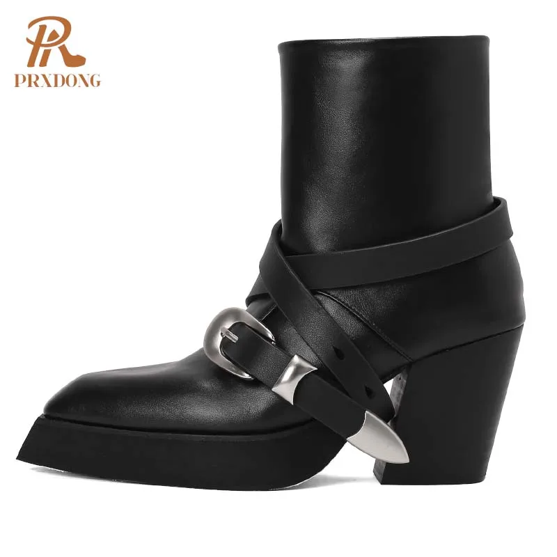 PRXDONG New Brand Genuine Leather Women Shoes 2024 Autumn WInter Warm Ankle Boots Chunky High Heels Platform Black Punk Casual