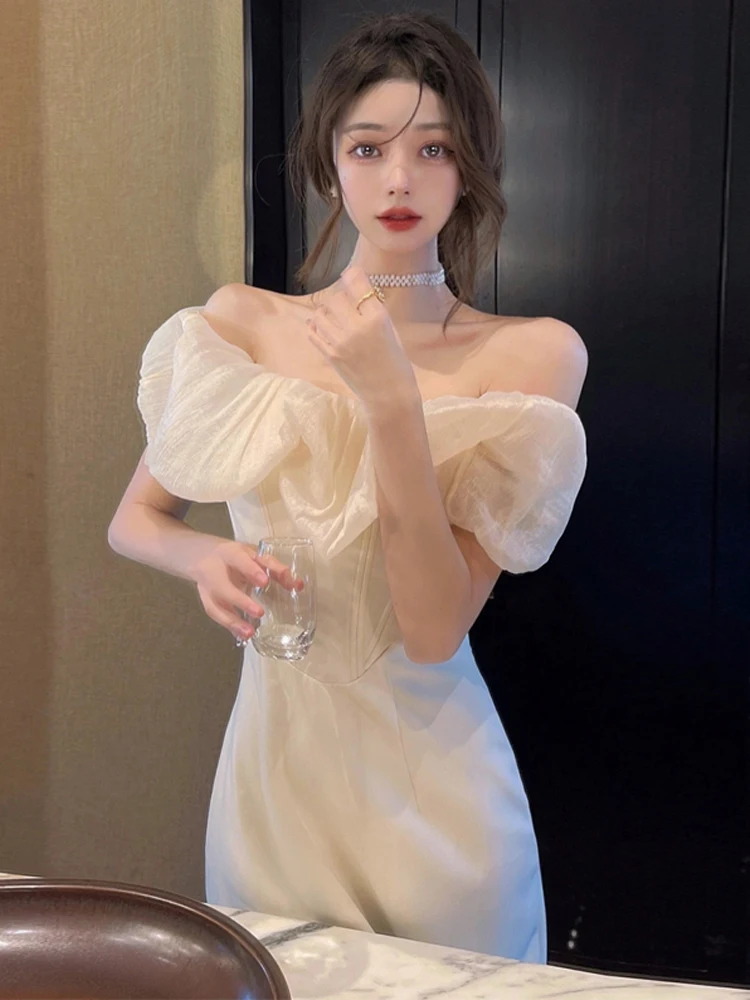 

Ele Long One-oulder Sexy Dr for Women Wedding Ceremony Evening Par High Waist Korean Sle Pure Color ort Sve