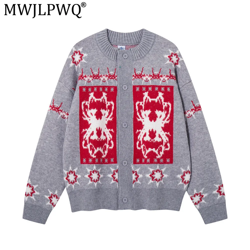 MWJLPWQ American Patterned Color-Block Round-Neck Sweater Autumn Winter Men's Trendy Loose-Fit Casual Long-Sleeve Knit Top 21512