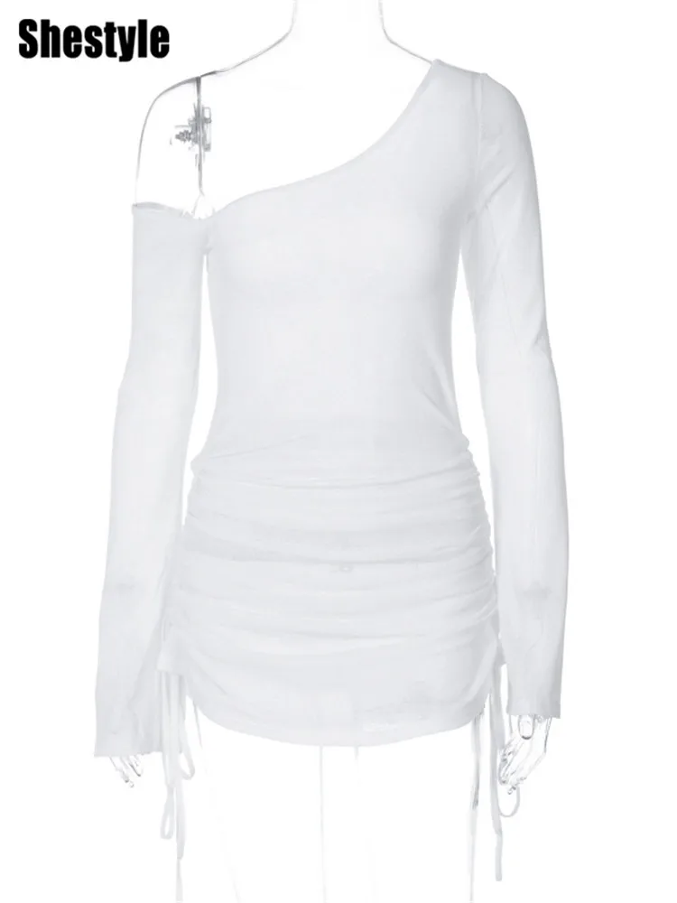 Shestyle 시스루 원 숄더 시스 드레스 여성 비치웨어 긴 소매 Drawstring Ruched Solid Sheer 섹시한 Clubwear Clothes