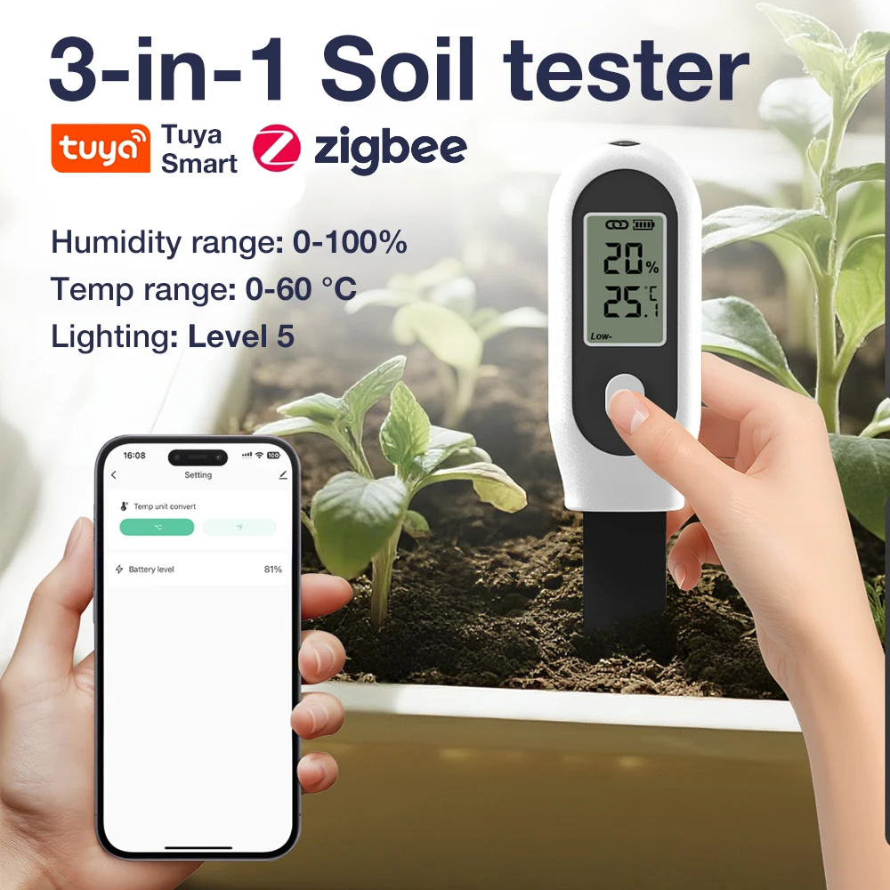 

Умный тестер почвы Tuya Zigbee, датчик влажности, температуры, солнечного света, фермерский газон, растения, цветок, монитор почвы, гигрометр для садоводства