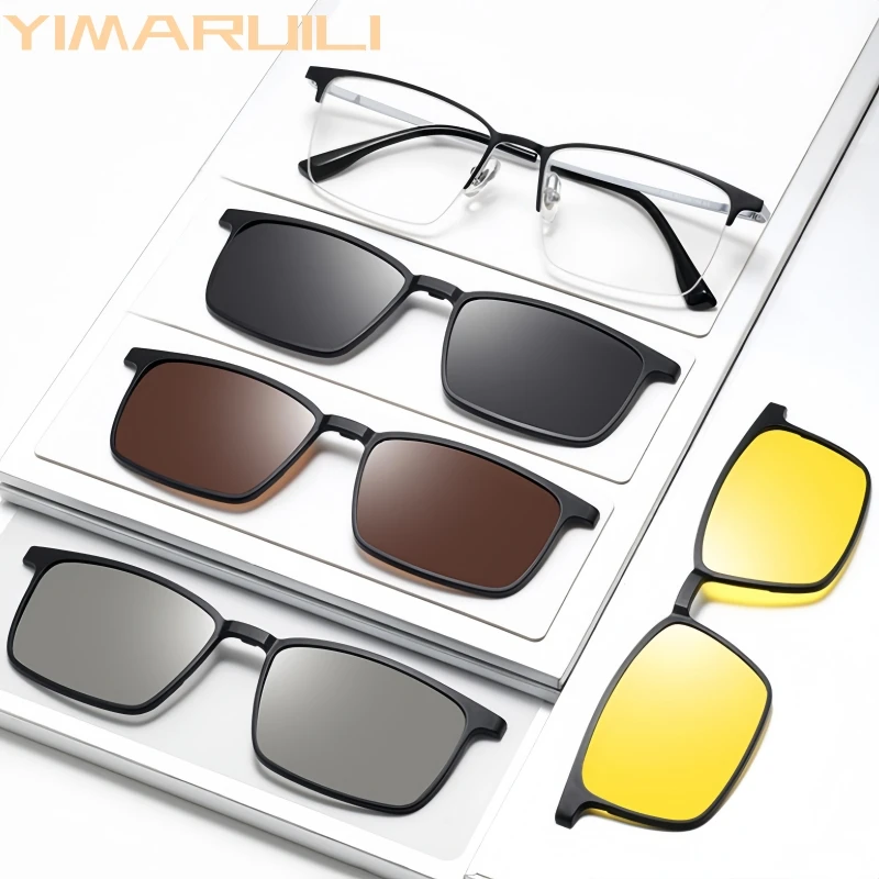 YIMARUILI Men's Magnetic Clip-on Half-frame Glasses Anti-UV Anti-glare Luxury Ultra-light Optical Prescription Eyeglasses Frame