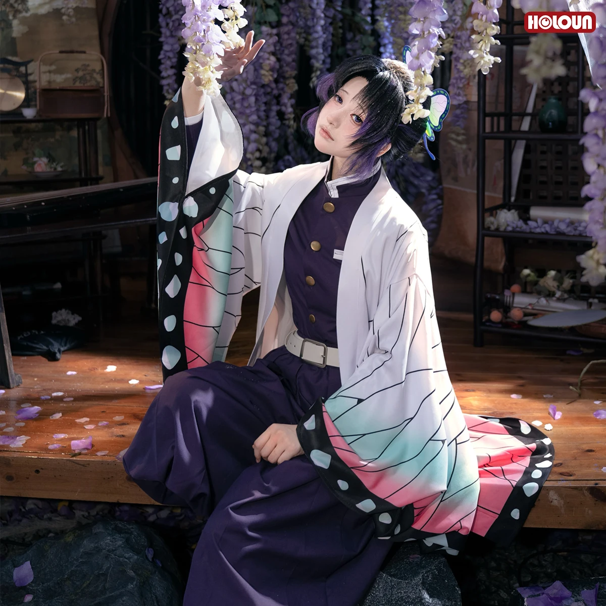 HOLOUN アニメ胡蝶しのぶコスプレ衣装ウィッグ刺繍パープルトップ