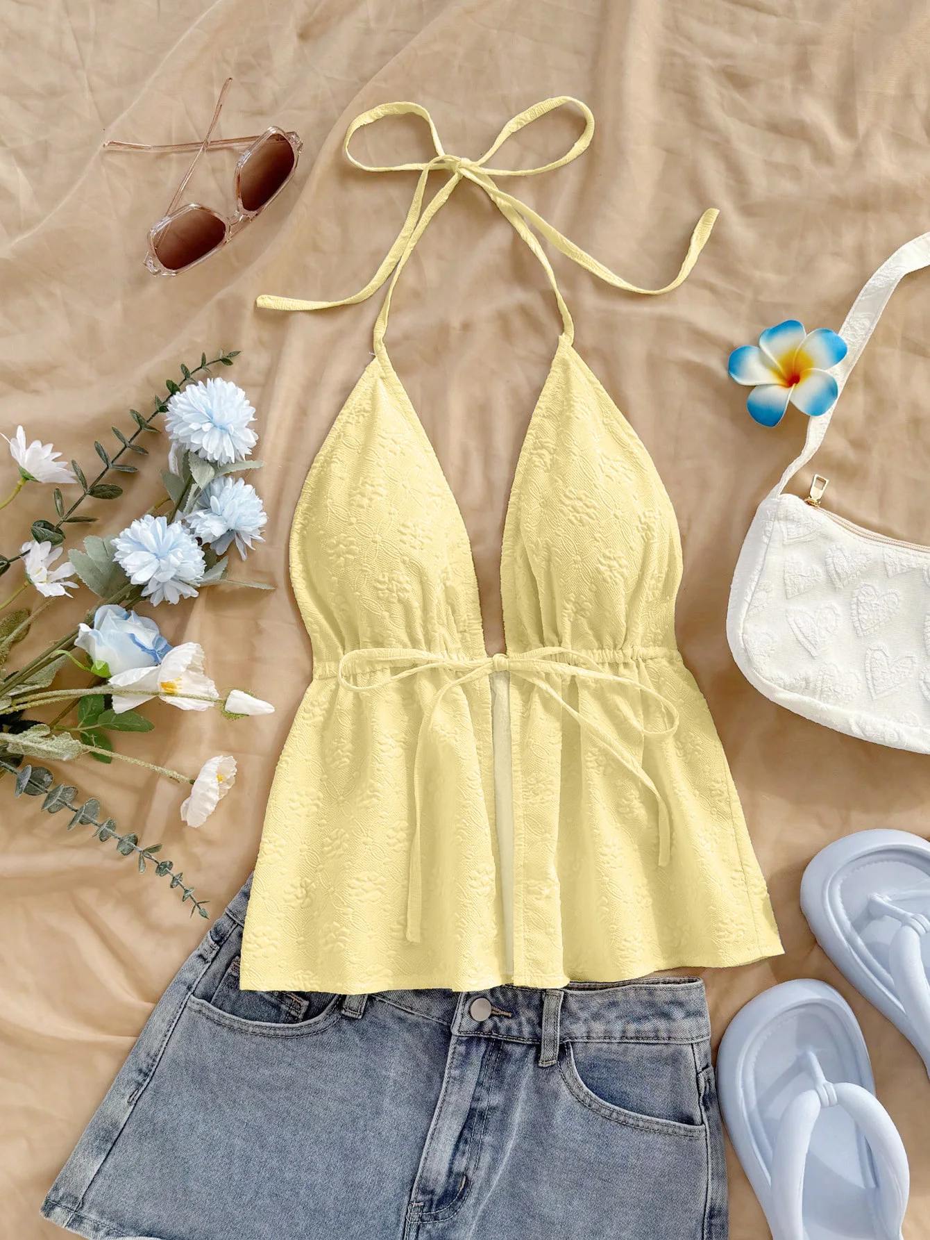 Yellow floral textured cute women's camisole top