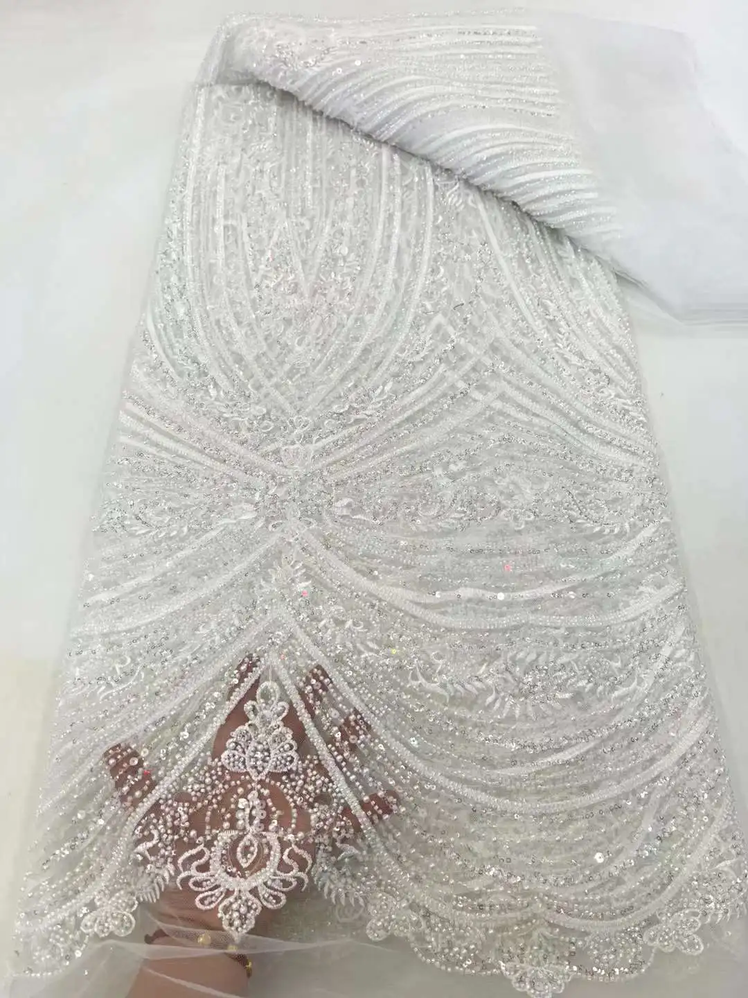 African Sequins Lace Fabric 2024 High Quality Groom Embroidery Beaded Nigerian French Tulle Lace Material For Dress