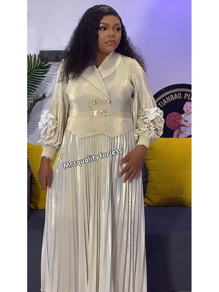 EGRM – robe plissée Chic pour femmes, imprimé feuille d'or, haut de gamme, col cranté, cravate, Design floral, faux deux pièces, 7R5809