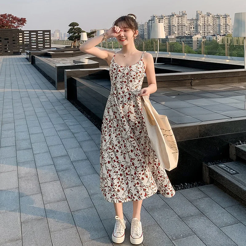 Floral Print Halter Dress Women's Slimming High Waist  Style Summer Long Dress Cleanfit A-Line Skirt No Sleeve Basic Model