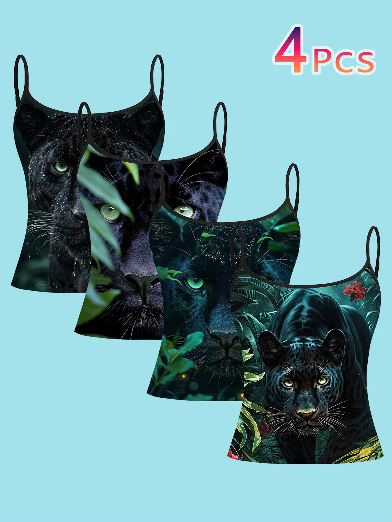4-Piece Set of Black Panther Jungle Realistic Photography Print Camisole for Women, Dark Wild Green-Eyed Black Panther Spaghetti Strap Waist-Cinching Slim-Fit Base Top, Cross-Border Street Party Wear Camisole